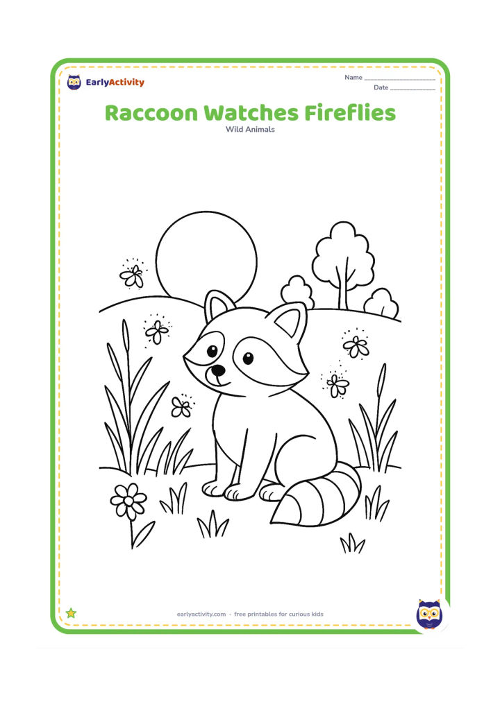 Colouring page: Draw a raccoon sitting in a meadow at dusk, looking at several glowing fireflies around tall grass and wildflowers. Add a low hill, a few tree silhouettes and a large rising moon.