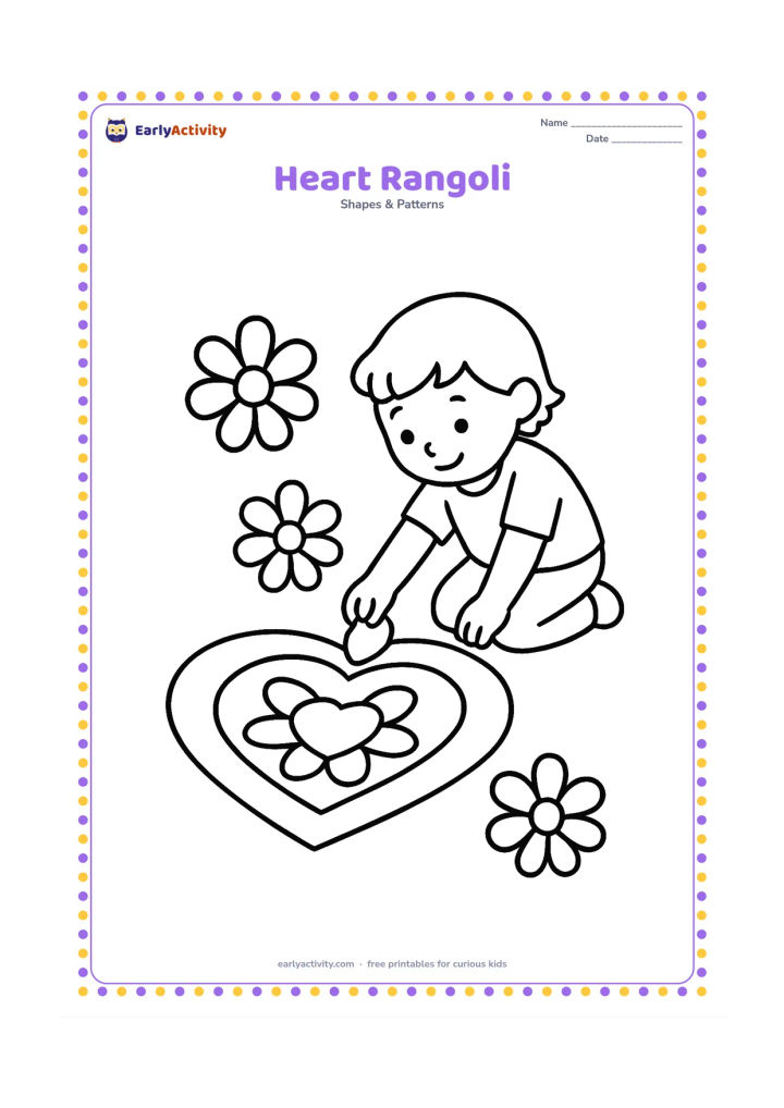 Colouring page: Show a large heart-shaped rangoli on the floor with a few big flower shapes around it and a child placing one petal beside the design.