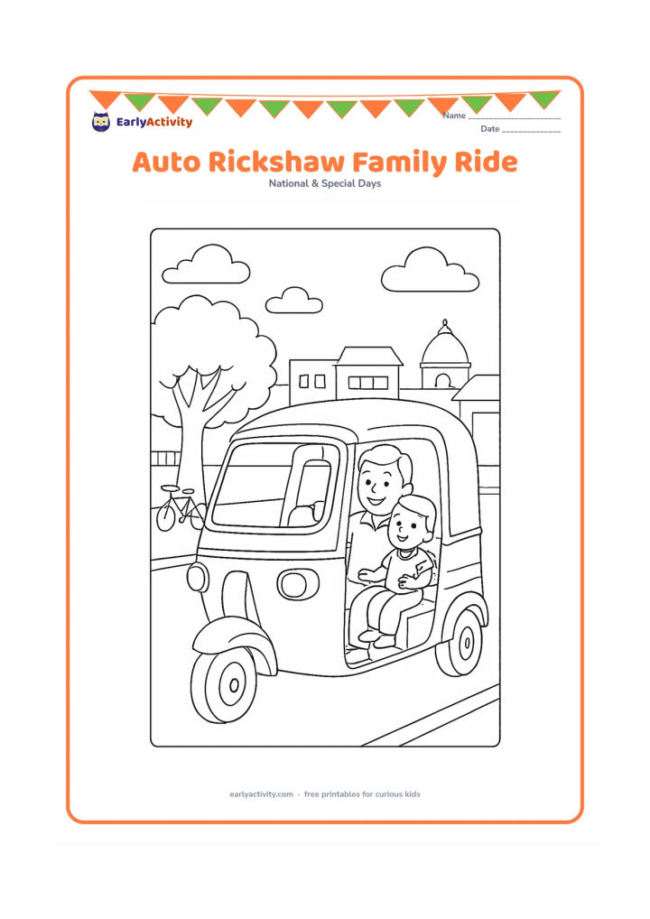 Colouring page: A caring father figure and child sit together in an auto rickshaw during a cheerful neighbourhood ride, with a street tree, small shops, a bicycle and a distant temple dome outside.