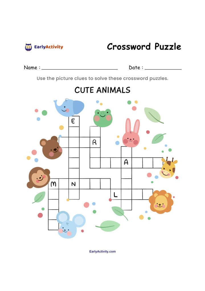 Crossword worksheet with a grid, animal picture clues, and spaces for a name and date.