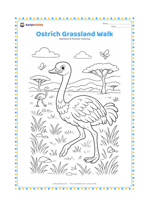 Colouring page: Draw a friendly ostrich walking through detailed grassland with a second ostrich in the distance, thorn trees, layered hills, butterflies and scattered rocks. Keep the foreground bird…
