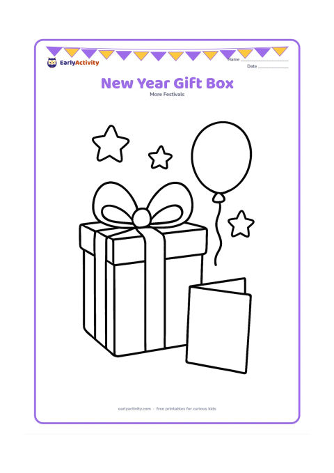 Colouring page: A big wrapped gift box with a wide bow sits beside a balloon and a few star decorations. Add a small open card with a completely blank front.