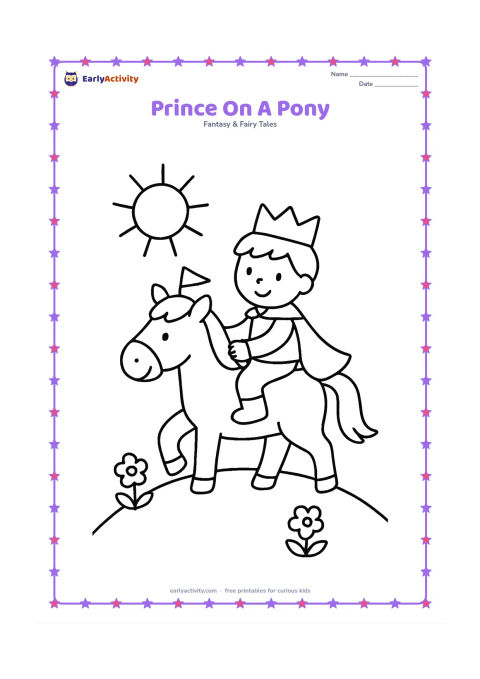 Colouring page: A young prince rides a friendly pony at a walking pace, holding a small flagpole without any flag markings. Add a rounded hill, a sun, and two simple flowers.