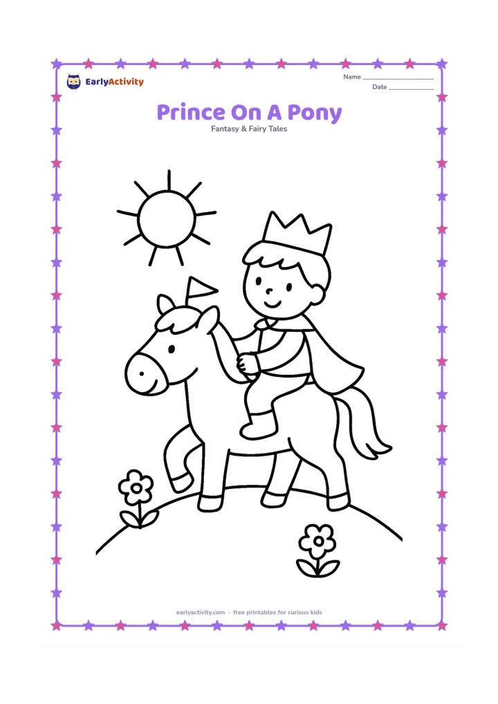 Colouring page: A young prince rides a friendly pony at a walking pace, holding a small flagpole without any flag markings. Add a rounded hill, a sun, and two simple flowers.