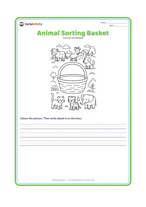 Worksheet: Draw a large open basket area surrounded by separate pictures of a cow, goat, dog, cat, tiger and elephant, with small visual scenes behind the animals suggesting farm, home or forest…