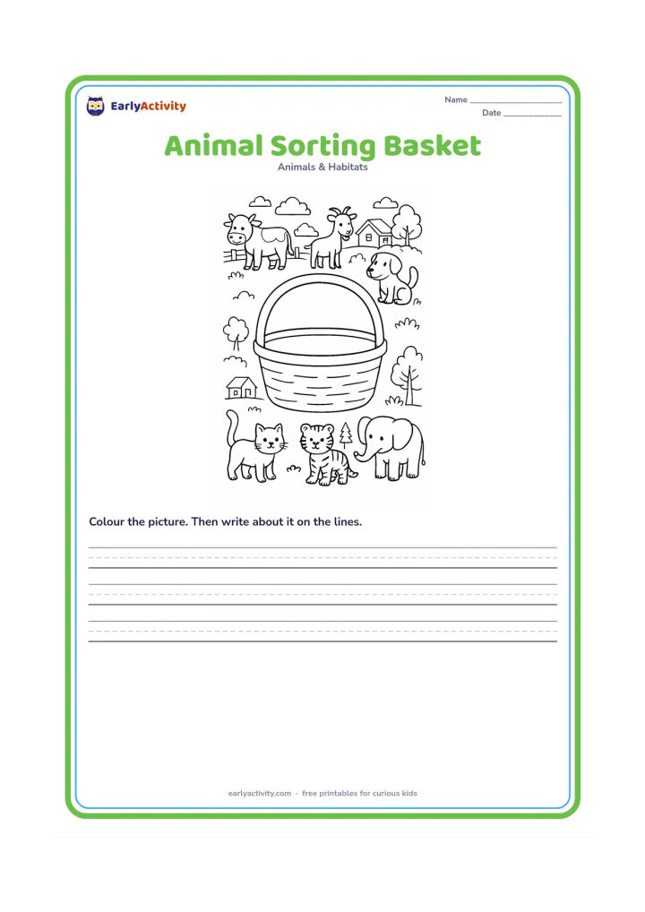 Worksheet: Draw a large open basket area surrounded by separate pictures of a cow, goat, dog, cat, tiger and elephant, with small visual scenes behind the animals suggesting farm, home or forest…
