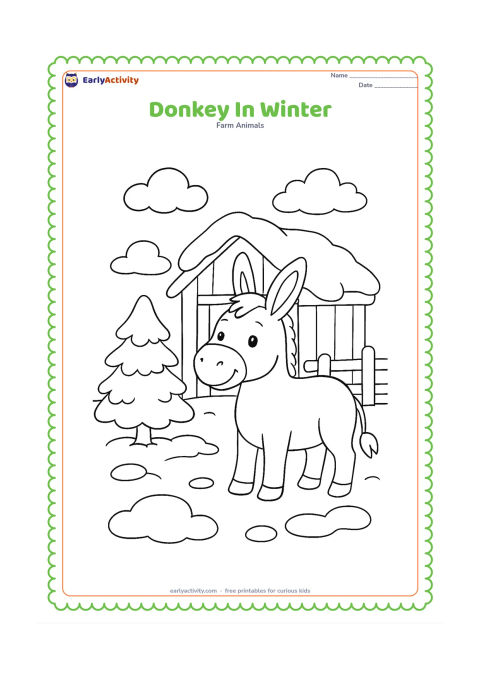 Colouring page: A friendly donkey stands in a lightly snowy farmyard beside a small evergreen tree and a simple wooden shelter. Show rounded snow patches on the roof, fence and ground.