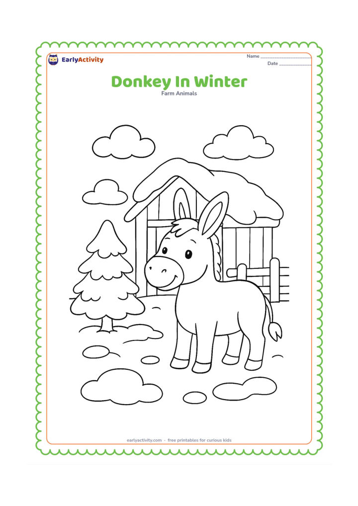 Colouring page: A friendly donkey stands in a lightly snowy farmyard beside a small evergreen tree and a simple wooden shelter. Show rounded snow patches on the roof, fence and ground.