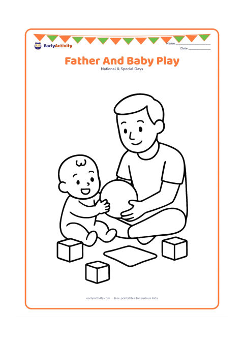 Colouring page: A father sits on the floor playing with a baby using a large soft ball, surrounded by three simple blocks and a small blanket.