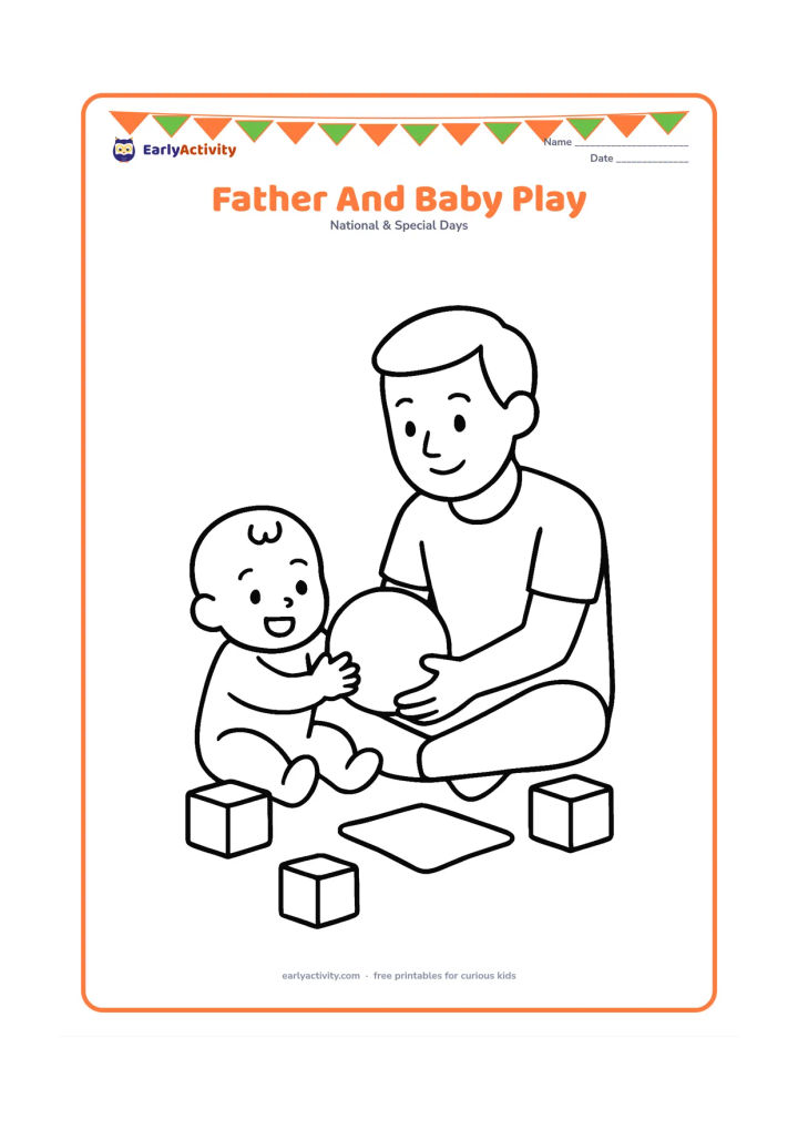 Colouring page: A father sits on the floor playing with a baby using a large soft ball, surrounded by three simple blocks and a small blanket.