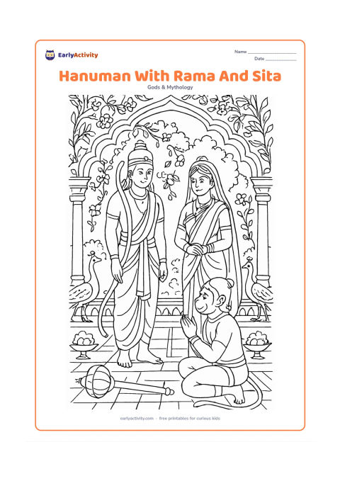 Colouring page: Hanuman kneels respectfully before Rama and Sita in a palace garden, with his folded hands and gada visible. Add flowering vines, carved garden arches, lotus bowls, peacocks, and…