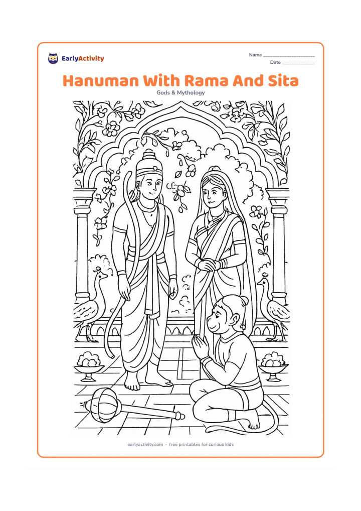 Colouring page: Hanuman kneels respectfully before Rama and Sita in a palace garden, with his folded hands and gada visible. Add flowering vines, carved garden arches, lotus bowls, peacocks, and…