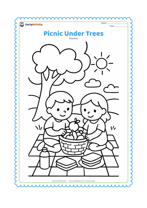 Colouring page: Draw two children sitting on a picnic cloth under a shady tree, sharing a large basket of fruit. Include a water bottle, three simple sandwiches, broad leaves, and a sunny meadow beyond.
