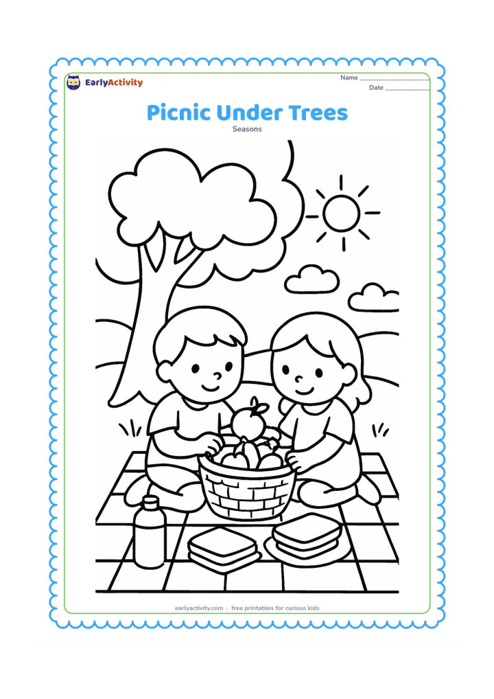Colouring page: Draw two children sitting on a picnic cloth under a shady tree, sharing a large basket of fruit. Include a water bottle, three simple sandwiches, broad leaves, and a sunny meadow beyond.