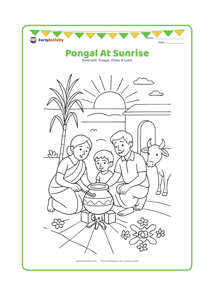 Colouring page: At sunrise, a family cooks a Pongal pot in an open courtyard while long shadows fall across the ground. Include a doorway, sugarcane, a cow, flowers, and a simple rangoli.
