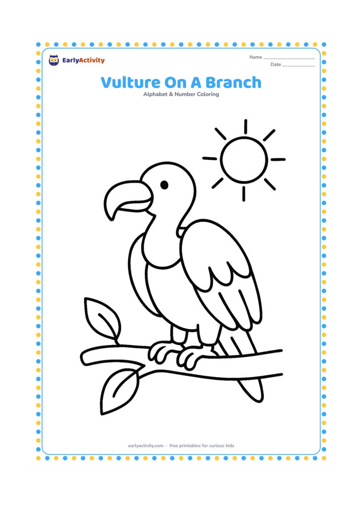 Colouring page: Draw a friendly vulture standing on one thick branch, facing sideways with its wings folded. Add two leaves and a large sun in the open sky.