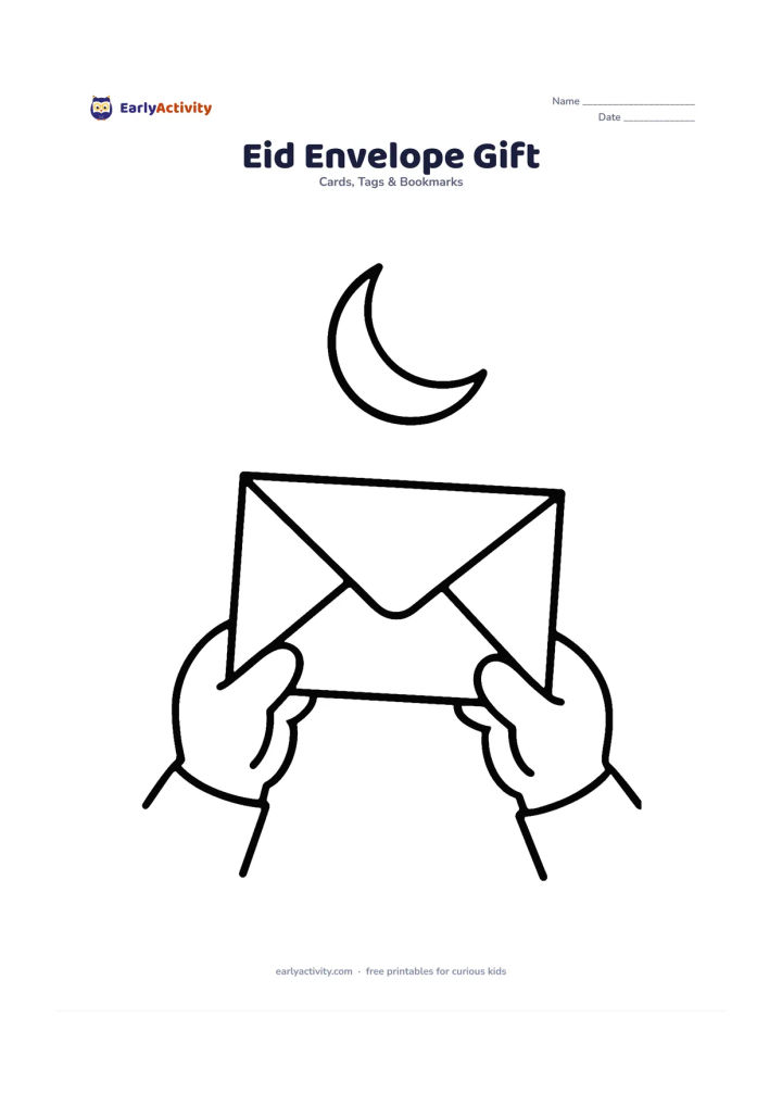 Worksheet: Two simple hands pass a large decorated envelope toward the centre of the card, with a crescent moon above and a blank space below. The envelope should have a large plain front.