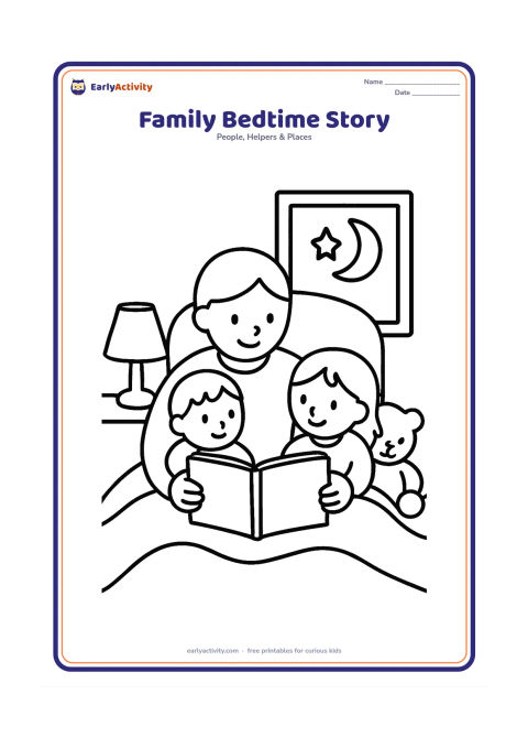Colouring page: Show a parent sitting on a bed and reading a picture book to two children tucked under a blanket. Add a bedside lamp, a teddy bear and a moon outside the window; the book pages must be…