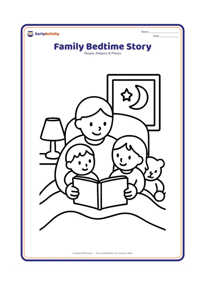 Colouring page: Show a parent sitting on a bed and reading a picture book to two children tucked under a blanket. Add a bedside lamp, a teddy bear and a moon outside the window; the book pages must be…