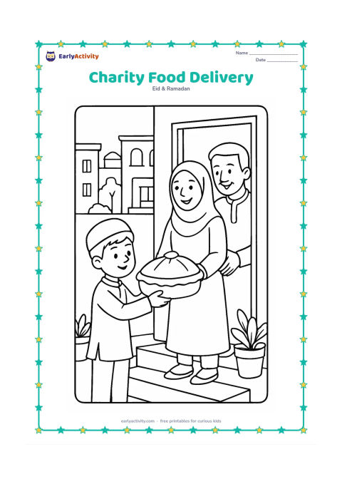 Colouring page: An older child and an adult deliver a covered basket of Eid food to a family at an apartment doorway, with stairs, potted plants and an Indian neighbourhood visible behind. Show the…