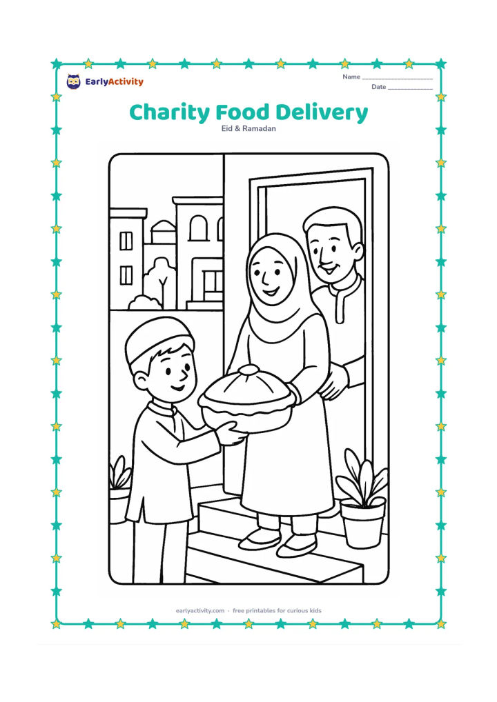 Colouring page: An older child and an adult deliver a covered basket of Eid food to a family at an apartment doorway, with stairs, potted plants and an Indian neighbourhood visible behind. Show the…