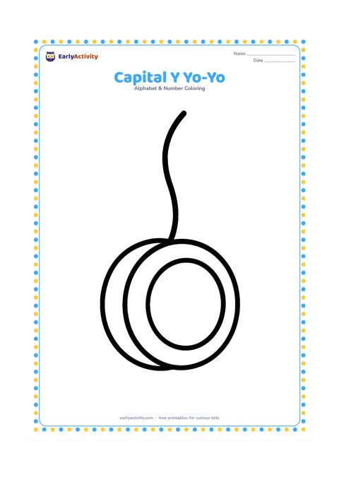 Colouring page: Draw one large yo-yo hanging from a short curved string, with the toy centered and a wide empty area around it for young children to colour and practise the target letter.