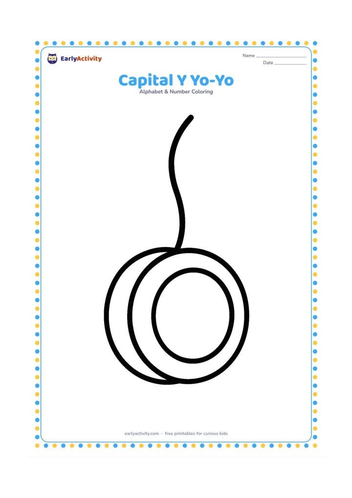 Colouring page: Draw one large yo-yo hanging from a short curved string, with the toy centered and a wide empty area around it for young children to colour and practise the target letter.