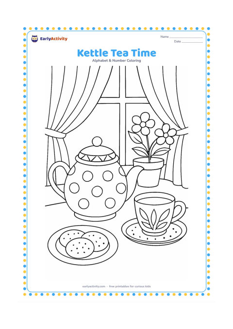 Colouring page: A patterned kettle, teapot cup and small plate are arranged on a table during an afternoon tea scene. Add a window with curtains, a flowering plant and a tray with rounded biscuits.
