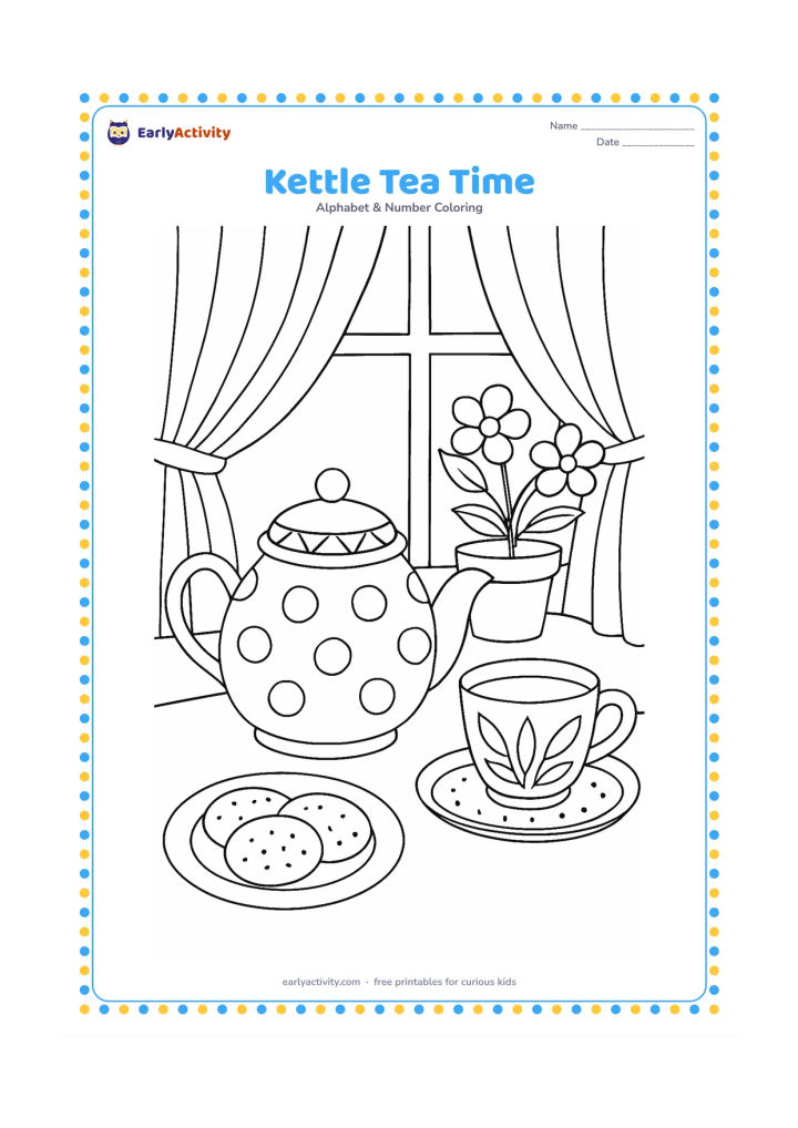 Colouring page: A patterned kettle, teapot cup and small plate are arranged on a table during an afternoon tea scene. Add a window with curtains, a flowering plant and a tray with rounded biscuits.