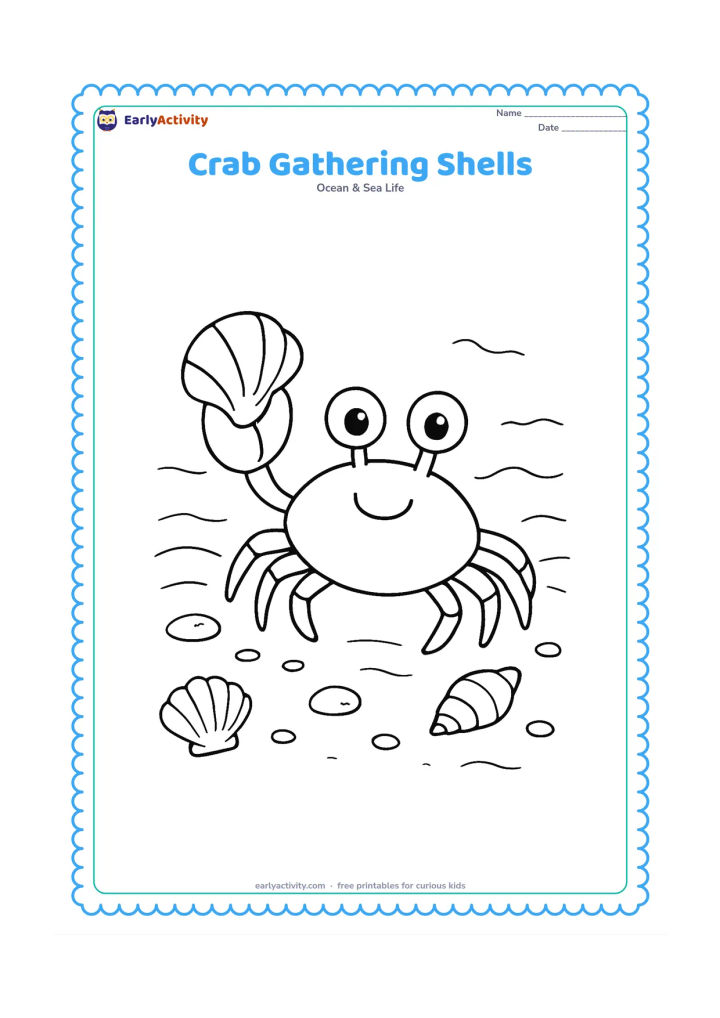 Colouring page: Draw a crab carrying one shell in a raised claw while walking sideways along a beach. Scatter several different shells, small pebbles and short wave lines around it.