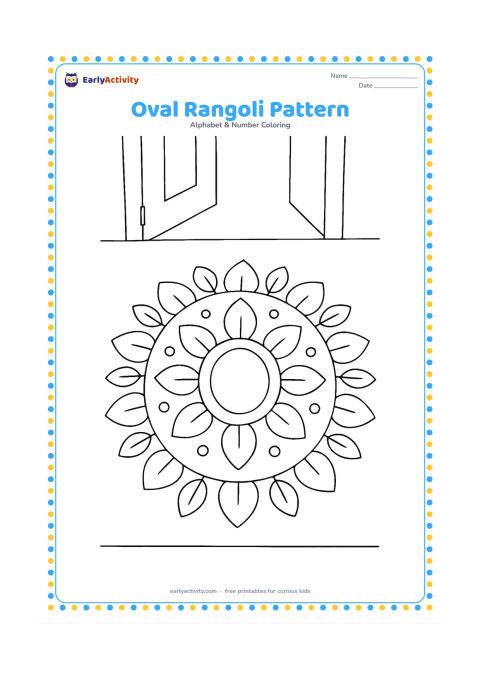 Colouring page: Draw a child-friendly oval rangoli on the floor of an Indian home entrance, made from large petals, dots and leaf shapes around a central oval. Do not include any letters or numbers.