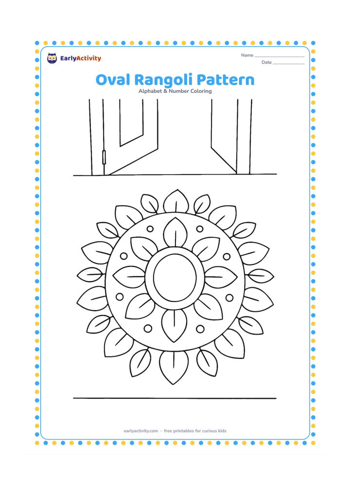 Colouring page: Draw a child-friendly oval rangoli on the floor of an Indian home entrance, made from large petals, dots and leaf shapes around a central oval. Do not include any letters or numbers.