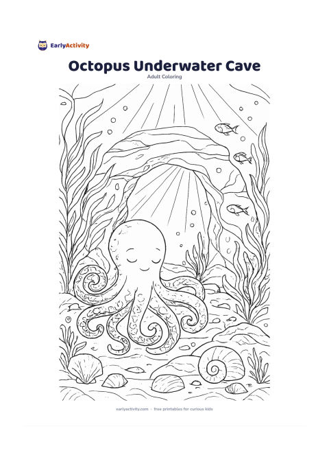 Colouring page: A peaceful octopus curls its arms around the entrance of a sunlit underwater rock arch, surrounded by seaweed, shells, small fish and rays of light from the surface. The cave should feel…