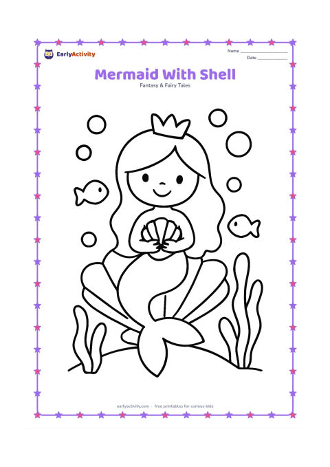 Colouring page: A smiling mermaid sits on a large open seashell and holds a smaller shell in both hands. Add a few large bubbles, two simple fish and three broad sea plants around her.