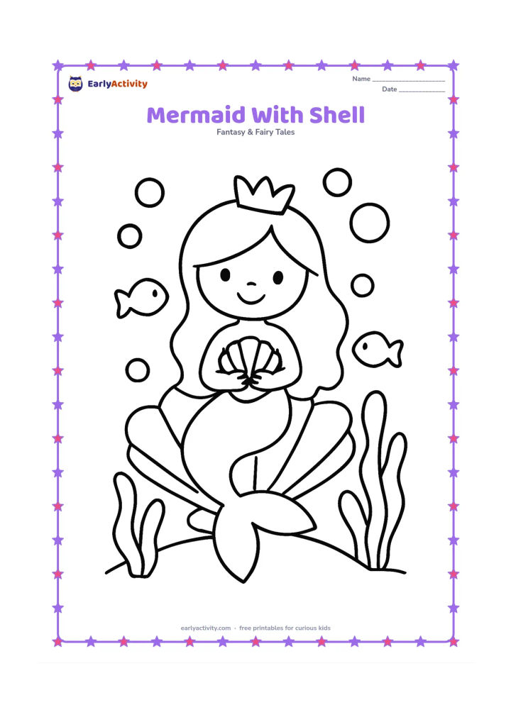 Colouring page: A smiling mermaid sits on a large open seashell and holds a smaller shell in both hands. Add a few large bubbles, two simple fish and three broad sea plants around her.