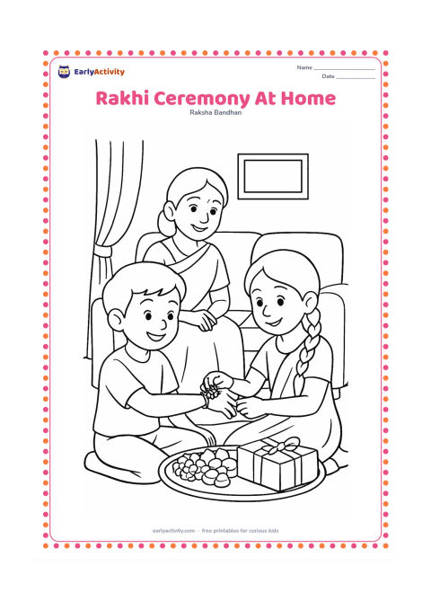 Colouring page: A sister ties a decorative rakhi on her brother's wrist while their mother watches with a welcoming smile. Place a thali with flowers, sweets and a plain gift on a low table in an Indian…