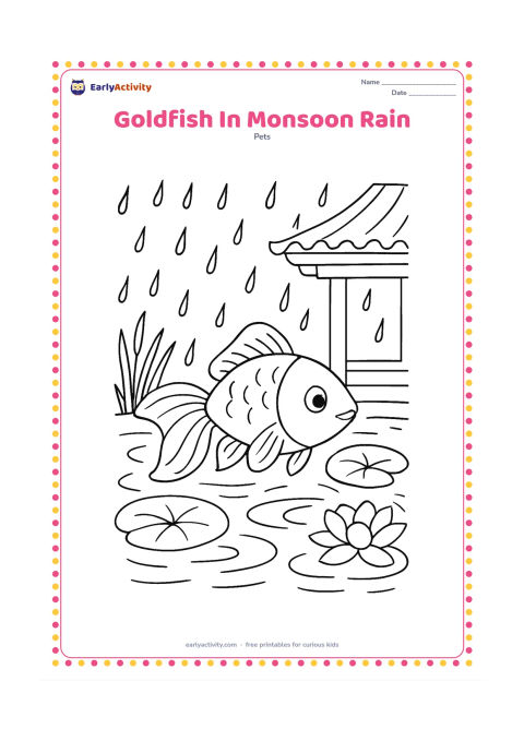 Colouring page: Draw a goldfish in a covered outdoor pond during gentle monsoon rain, with curved raindrops above the water, lotus leaves, reeds and ripples. Include a simple Indian-style veranda roof…
