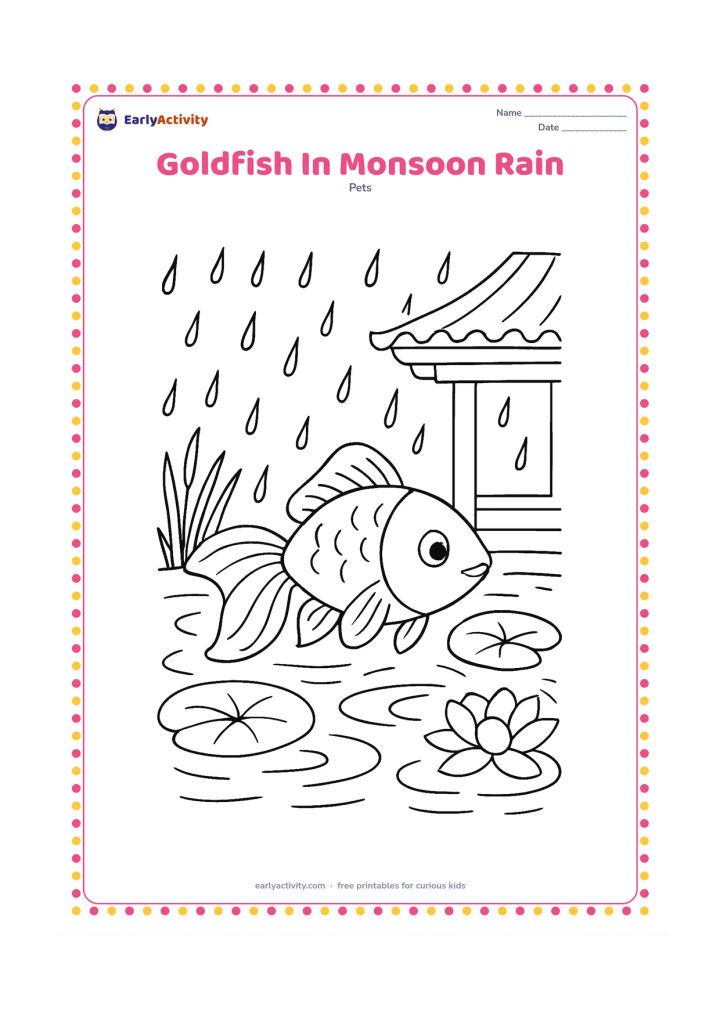 Colouring page: Draw a goldfish in a covered outdoor pond during gentle monsoon rain, with curved raindrops above the water, lotus leaves, reeds and ripples. Include a simple Indian-style veranda roof…