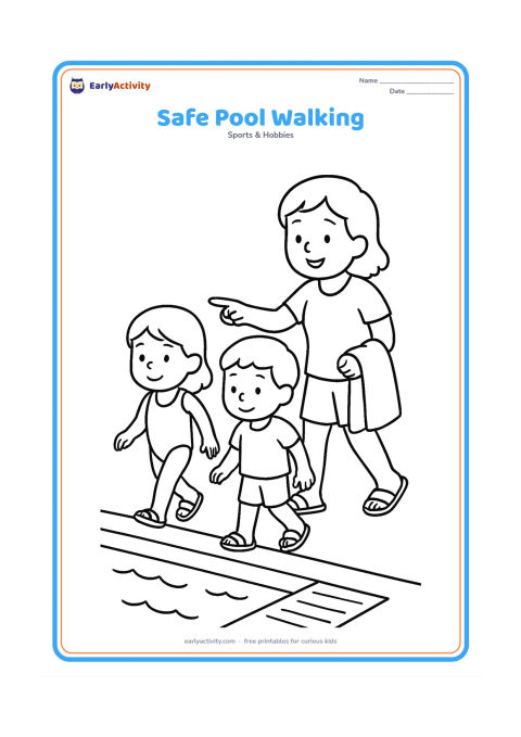 Colouring page: Two children walk carefully beside a pool while an adult points toward the water, reminding them to move slowly. Include a simple non-slip pool edge, sandals and a towel, with no text or…