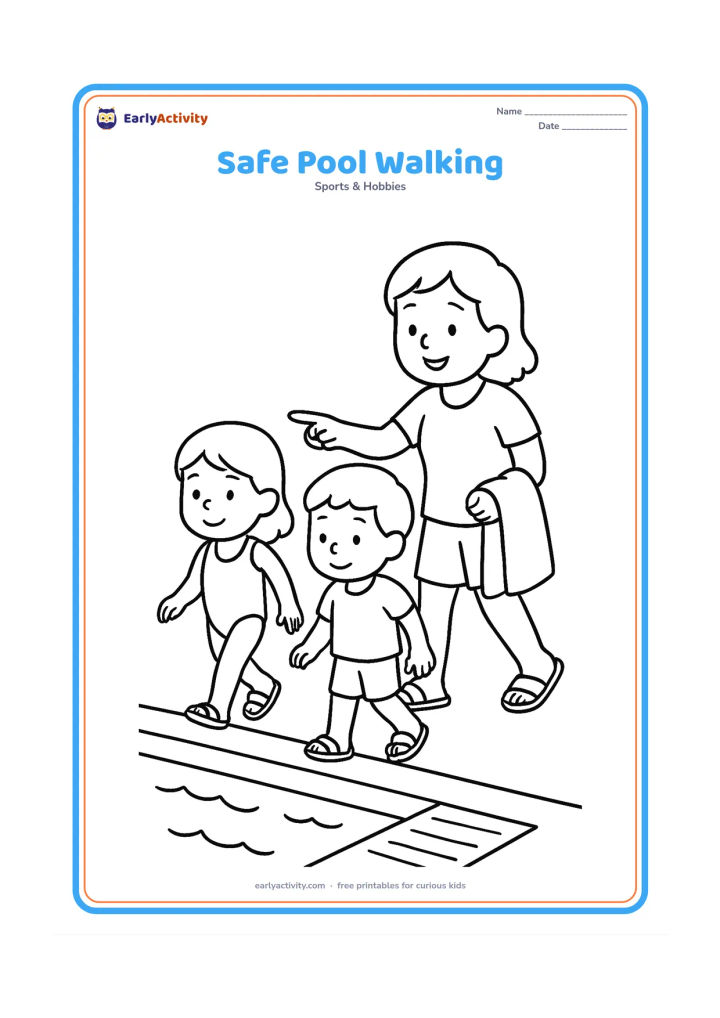 Colouring page: Two children walk carefully beside a pool while an adult points toward the water, reminding them to move slowly. Include a simple non-slip pool edge, sandals and a towel, with no text or…