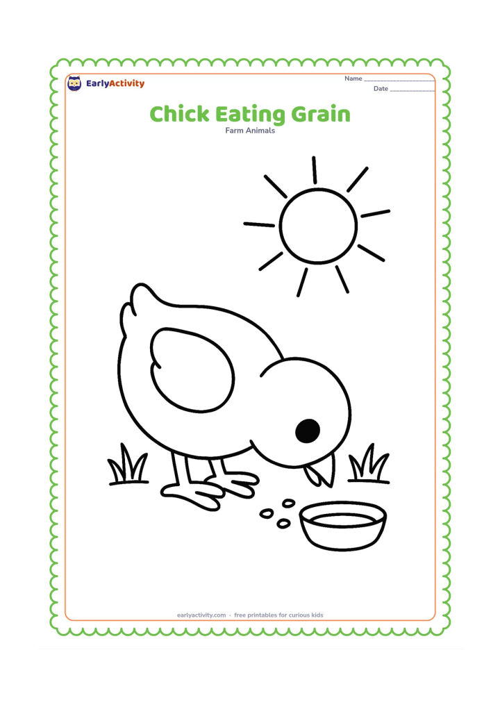 Colouring page: Draw one chick bending down to peck at a small pile of grain. Add a shallow bowl, two grass tufts, and a large sun in the background.