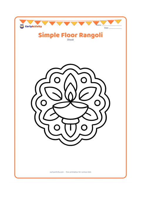 Colouring page: Draw a large symmetrical rangoli on an open floor, using broad petals, circles, leaves and curved borders. Add one diya at the centre and leave the surrounding floor mostly empty.