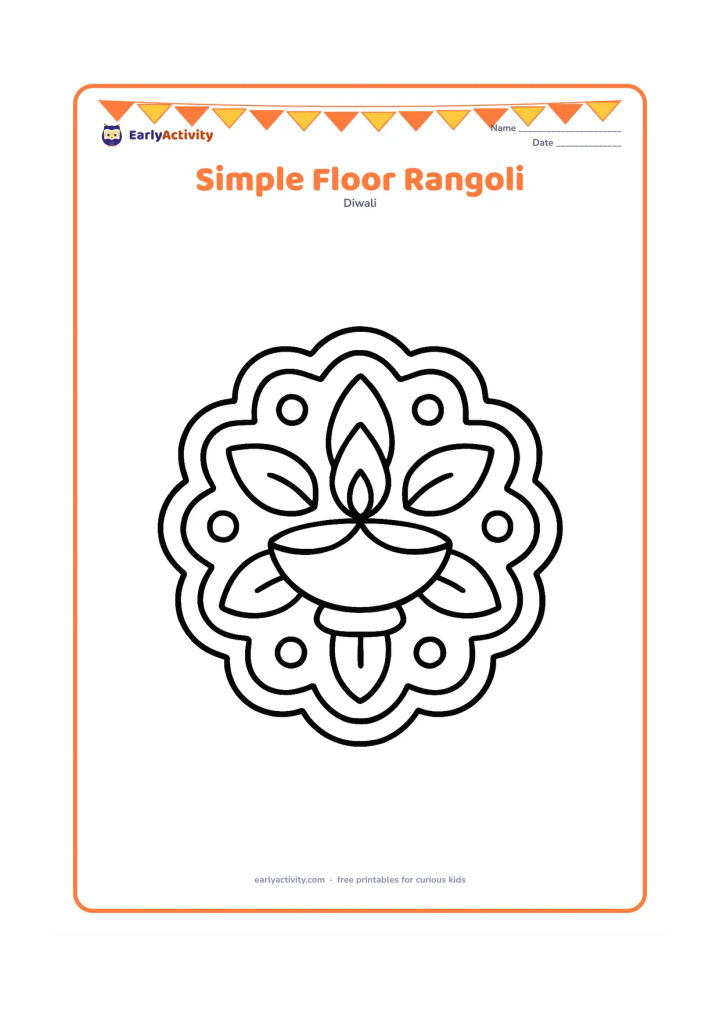 Colouring page: Draw a large symmetrical rangoli on an open floor, using broad petals, circles, leaves and curved borders. Add one diya at the centre and leave the surrounding floor mostly empty.