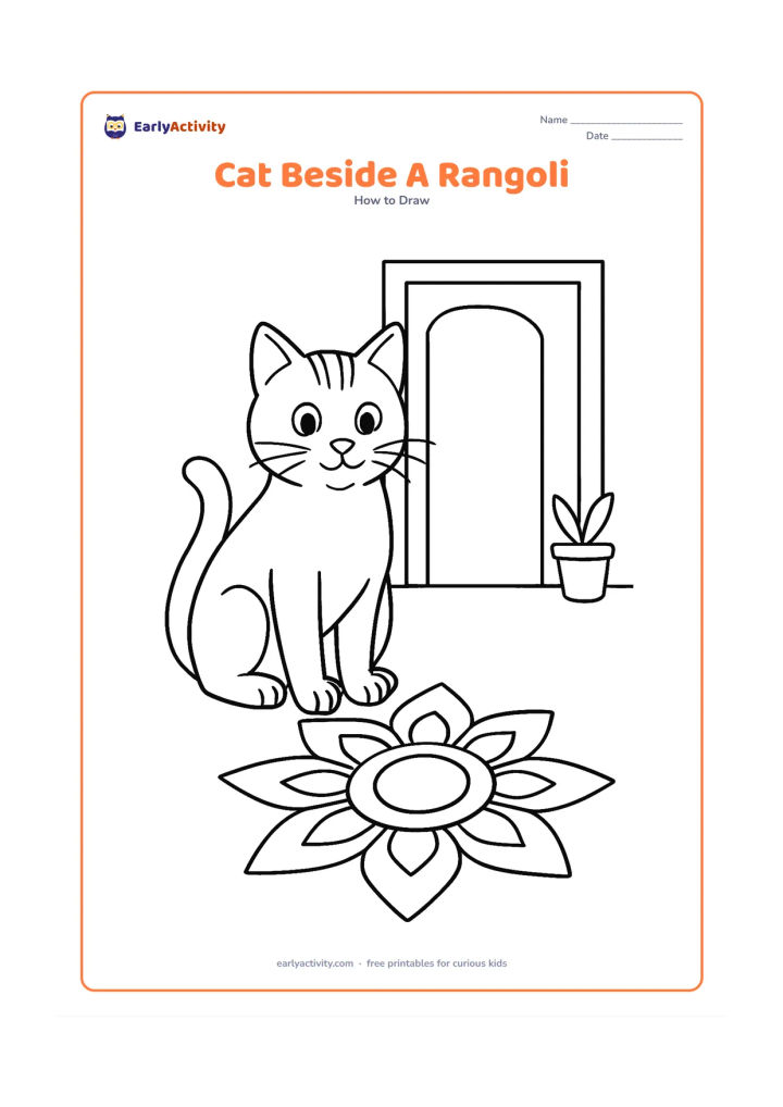 Worksheet: Draw a detailed sitting cat beside a simple geometric rangoli pattern on the floor, with a curved tail, striped forehead, whiskers, and distinct paws. Add a doorway and two small plant…