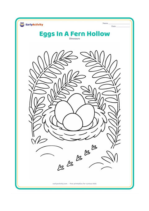 Colouring page: Four differently sized oval eggs are tucked into a nest in a shallow hollow surrounded by overlapping fern leaves. A small hatchling footprint trail leads toward the nest.