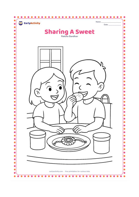 Colouring page: A brother and sister sit at a kitchen table and share a large round sweet while a rakhi rests on a plate between them. Include a few covered containers, a window and a plain gift bag in…