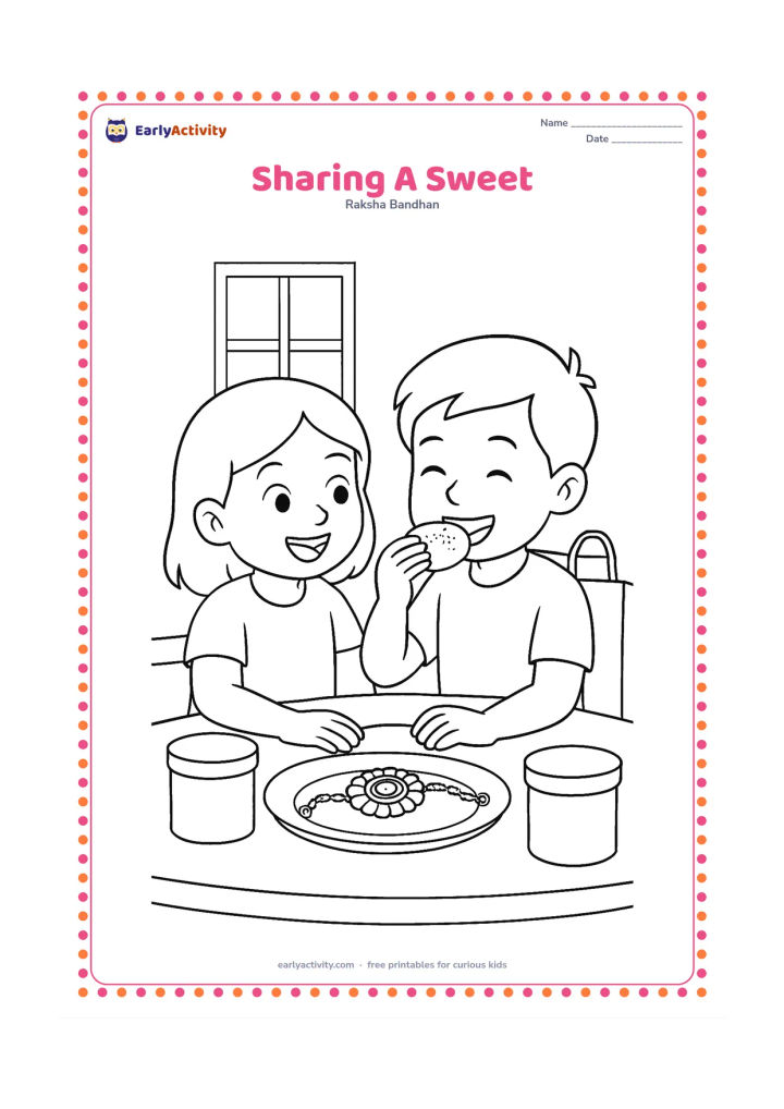Colouring page: A brother and sister sit at a kitchen table and share a large round sweet while a rakhi rests on a plate between them. Include a few covered containers, a window and a plain gift bag in…