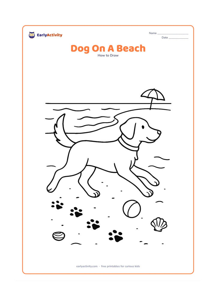 Worksheet: Show blank, unlabeled stages for a dog trotting along a beach with wet paw marks, a ball, waves, shells and a distant umbrella. Add fur direction, a collar and a lively curved tail in…