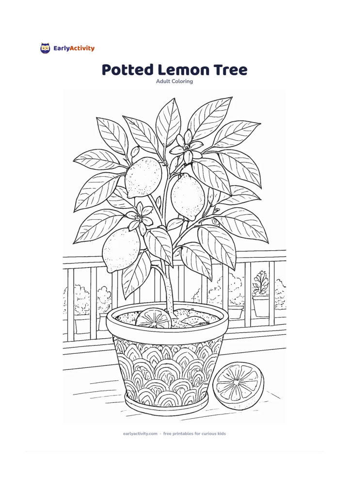 Colouring page: Draw a small lemon tree in a large pot with glossy leaves, blossoms, ripe lemons, and one cut lemon resting on the soil surface beside it. Place it near a bright balcony railing with…