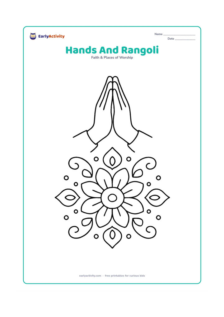 Colouring page: Folded hands are placed above a large simple rangoli made from dots, petals, and curved shapes on the floor.